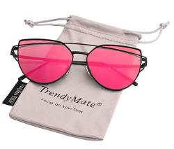 Trendymate-womens Street Fashion Metal Twin Beam Flat Mirror Lens Cat Eye Sunglasses Black Red 57MM