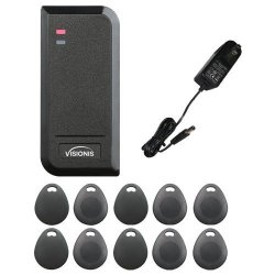 FPC-6435 VIS-3100 Access Control Black Outdoor IP66 Card Reader Only Compatible With Wiegand 26 Bit With Power Supply And A Pack Of 10 Proximity Key Tags Included