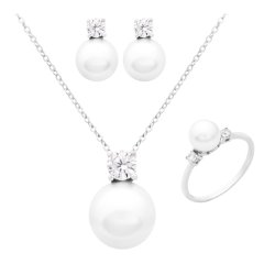 Silver - Cubic Zorconia Imitation Pearl Neck Ear N Ring Set