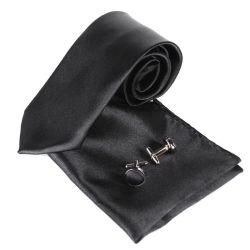8cm New Fashion Gentleman Solid Wedding Business Hanky Cufflink Neck Tie Set - Black