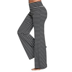 Bravetoshop Clearance Fashion Womens Black White Stripe Wide Leg Pants Elastic Waist Palazzo Pants Black L