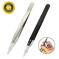 2 Pieces Precision Ceramic Tweezers Heat Resistant Non-conductive Anti-magnetic Pointed Tweezers For Pinching Coils Vaping Electronics Jewelry-making Black And Silver