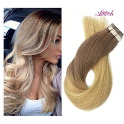 Labhair Tape In Hair Extensions Dyed Colored Ombre Tape In Human Hair Extensions Light Brown Fading To Bleached Blonde T18 613 22INCH Per Set 20PCS 50G