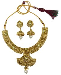 South Indian Wedding Gold Tone 2PCS Necklace Earring Set Bridal Ethnic Jewelry IMOJ-BNS3A