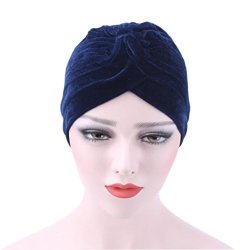 Sukeq Women Velvet Ruffle Turban Head Chemo Hat Beanie Scarf For Cancer Patients Navy