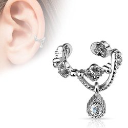 Chain With Gem Dangle Rhodium Plated Brass Non-piercing Ear Cuff Cartilage Dangle No Pierce Earring