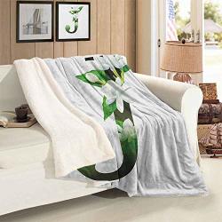Emodfjcxz Letter J Warm Blanket Abstract Floral Arrangement J Silhouette And Jasmine Blossoms Abc Concept All Season Blanket W60 X L30 Green White Black