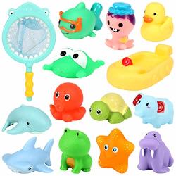 Geyiie Baby Bath Toys 14PCS Fun Baby Bathtub Toy With Fishing Net Swimming Pool Fishing Toys For Toddlers Boys & Girls