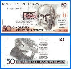 Brazil 50 Cruzados Novos 1990 Unc Stamped 50 Cruzeiros Note Brasil South America Banknote