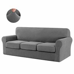 CHUN YI Stretch Sofa Slipcover Separate Cushion Couch Cover Armchair Loveseat Replacement Coat For Ektorp Universal Sleeper Checks Spandex Jacquard Fabric Large Light Gray