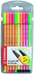 Point 88 Fineliners & Pen 68 Fibre-tip Pens - Assorted Neon Colours Wallet Of 10