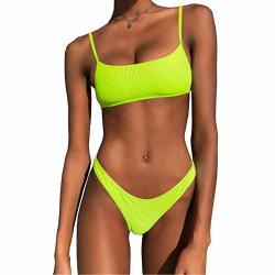 Yauasopa Women's 2 Pieces Push Up Swimsuit V Bottom Style Bikini Bottom Bra Sport Sets Medium Florescent Light Yellow