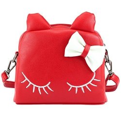Cmk Trendy Kids Adorable Bow Cat Purse For Toddler Kids Girls 2-IN-1 Crossbody Shouder Bag MINI Backpack With Cute Ear In Candy Color 82003_RED