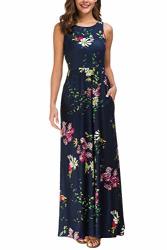 Zattcas Maxi Dresses For Women Womens Crew Neck Sleeveless Summer Floral Maxi Dress With Pockets Navy Small