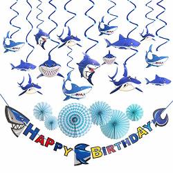 Shark Themed Banner Summer Hanging Swirls Birthday Decorations Blue Hanging Paper Fans Under The Sea Ocean Happy Birthday Banner Cleverplay Birthday Party Supplies Favors