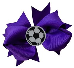 Soccer Ball Bow Girls 4.5 Inch Grosgrain Soccer Hair Bow With Embroidered Soccer Ball By Funny Girl Designs Purple