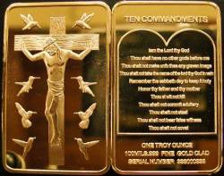 Jesus Christ Ten Commandments Gold Cladsteel 1OZ Bar Cross