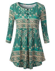 Baishenggt Women's 3 4 Sleeve Buttons Pleated Front Tunic Top Peacock Green M