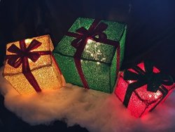 3PC Lighted Tinsel Christmas Gift Boxes Presents Outdoor Christmas Decor