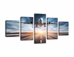 Amemny HD Printed 5 Pieces Canvas Art Painting Sunset Airplane Lawn Airport Poster Wall Pictures Home Decoration Framed Ready To Hang 60"W X 32"H ARTWORK-05
