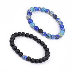 Paxuan Mens Womens 2PCS Natural Gemstone Beaded Bracelets Imported Mixed Blue And Green Sea Sediment Imperial Jasper & Black Matte Agate Beads Bracelets Set 8MM