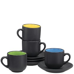 Espresso Cups With Saucers By Bruntmor - 4 Ounce - Matte Black Exterior Solid Color Interior Chip Resistant Stackable Set Of 4