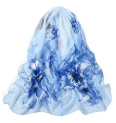 Ladies' Satin Silky Scarf Fantasy With Floral Pattern - Blue large Flowers