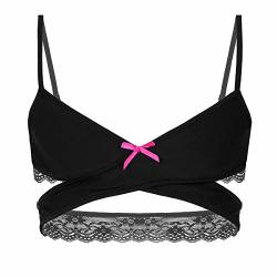 Yizyif Mens Sissy Lace Bra Tops Wire-free Bralette Crossdress Gay Lingerie Nightwear Criss-cross Black Xx-large