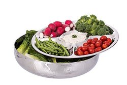 Classic Double Wall Serving Bowl - Hammered Stainless Steel 2 Piece Party Bowl And Serving Tray - Great For Salads Fruit Snacks Chips And