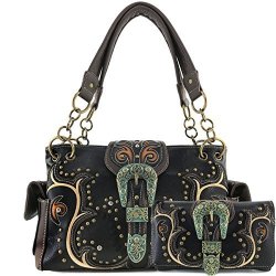 Justin West Patina Girl Western Bronze Floral Buckle Handbag Purse Tote And Strap Wallet Black Handbag And Wallet