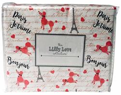 The Lilly Love Collection Elegant French Poodle Sheet Set With Parisian Eiffel Tower Motiff - Paris Bonjour Je T'aime Script Full Sheet Set