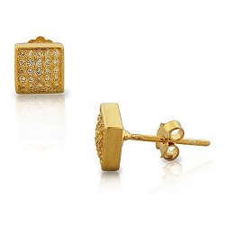 925 Sterling Silver Yellow Gold-tone White Cz Womens Square Stud Earrings