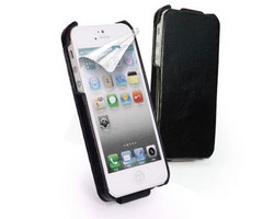 Tuff-Luv Black Genuine Leather Flip Case For iPhone 5