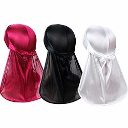 3PCS Premium Soft Men Durag Headwraps With Extra Long Tail And Wide Straps For 360 Waves