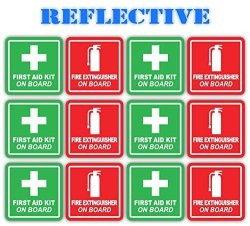 X6 Of Each 3M Reflective Red Fire Extinguisher And Green First Aid Kit On Board Industrial Safety Training Decals 1 Inch X 1 Inch