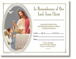 1st Holy Communion Certificate - In Remembrance of Our Lord, Jesus Christ