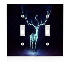 Trendy Accessories Magic Spirit Deer With Big Horns Moon And Stars At Night Double Light Switch Plate
