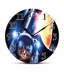 Bcwaygod Space Cat Silent Wall Clock Kitten With Space Suit Planets Nebula Supernova Eclipse Artwork Desk Clock Round Unique Decorative For Home Bedroom Office 10IN
