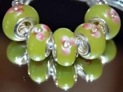 European Style - 925 Silver Core - Glass Beads - Lime Green With Pink Flower And Cz Crystal