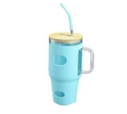 1.1L Reusable Glass Tumbler Cup With Bamboo Lid And Straw IF-96 Blue