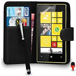 Nokia Lumia 520 Premium Leather Black Wallet Flip Case Cover Pouch Big Touch Stylus