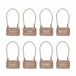 Genuine Leather Liquor Decanter Tags labels Set Of 8 - Scotch Whiskey Bourbon Gin Rum Vodka Tequila And Brandy - Adjustable Microfiber Cord Fits Most