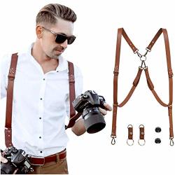 Homelex Multi Cameras Dual Shoulders Genuine Leather Harness Vintage Camera Neck Strap Brown
