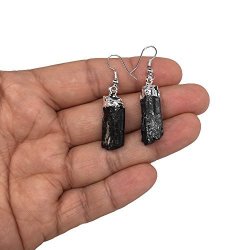 6.9G 1.7" Natural Rough Chunk Handmade Black Tourmaline Earrings Silver Plated From Brazil BE286