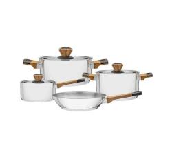 Brava Bakelite Stainless Steel Cookware 4 Piece Set With Tri-ply Base And Faux Wood Handles.