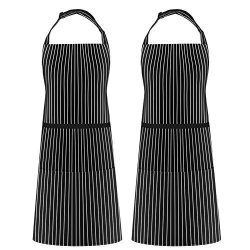 Syntus 2 Pack Adjustable Bib Apron Thicker Version Waterdrop Resistant With 2 Pockets Cooking Kitchen Aprons For Women Men Chef Black white Pinstripe