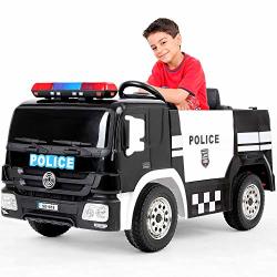 Kidsclub Ride On Police Car Kids 12V Power Wheel Police Truck Toy Remote Control Electric Car With Police Costume Toys Drivable Cop Vehicle With