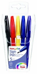Pentel Arts Sign Pen Fiber Tip Assorted Ink 5 Pack Pouch S520-5