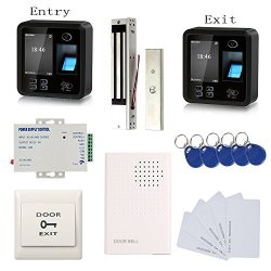 BIOMETRIC Fingerprint & Rfid Access Control System Track Both Entry And Exit 600LBS Magnetic Lock 110V Power Unit Rfid Keychains cards Push To Exit Button & Doorbell