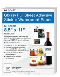 Milcoast Glossy Full Sheet 8.5 X 11 Adhesive Waterproof Photo Craft Paper Works With Inkjet Laser Printers For Stickers Labels Scrapbooks Bottle Labels Arts And Crafts 50 Sheets